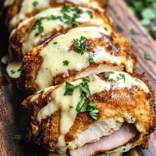Chicken Cordon Bleu is a classic dish that has won the hearts of many with its delightful combination of flavors and textures. This elegant and delicious meal features tender chicken breasts stuffed with savory ham and melted Swiss cheese, all encased in a crispy, golden-brown breadcrumb coating. The contrast between the juicy chicken, the rich cheese, and the smoky ham creates a culinary experience that is as satisfying to the palate as it is pleasing to the eye.