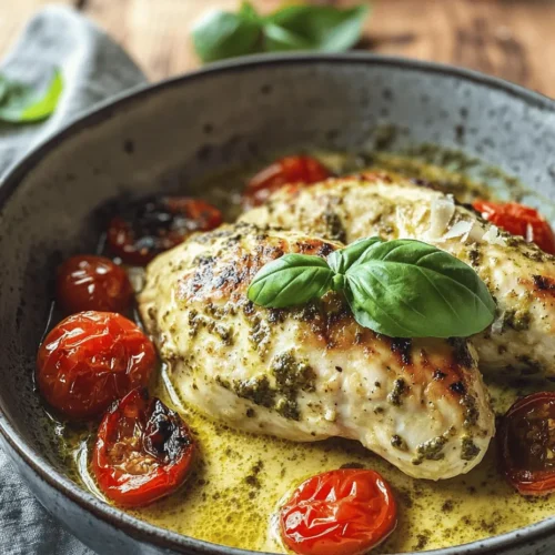 Creamy Pesto Chicken with Roasted Tomatoes is more than just a meal; it's a celebration of flavors and textures that come together in perfect harmony. Imagine tender chicken breasts smothered in a luscious creamy sauce infused with the vibrant taste of basil pesto, complemented by the sweet, concentrated flavor of roasted tomatoes. This dish is not only visually appealing but also a feast for the senses, making it a perfect centerpiece for any dinner table.