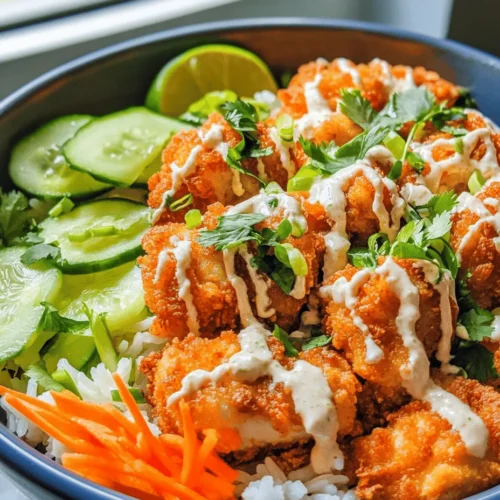 The Bang Bang Chicken Bowl is a delightful fusion of flavors and textures that promises to tantalize your taste buds and elevate your dining experience. This dish brings a taste of Asian-inspired cuisine right to your kitchen, combining crispy chicken, fragrant jasmine rice, and a vibrant medley of fresh vegetables, all drizzled with a creamy, spicy sauce that is sure to please. Its unique combination of elements makes it an ideal choice for busy weeknights when you need a quick yet satisfying meal, or it can be a stunning centerpiece for gatherings, impressing your guests with its gourmet flair and delicious presentation.
