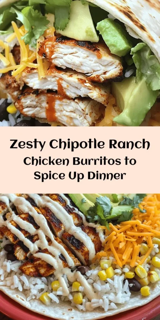 Discover the ultimate meal with this Zesty Chipotle Ranch Grilled Chicken Burrito! Juicy grilled chicken breasts are marinated in a zesty blend of spices and paired with fluffy rice, black beans, fresh corn, and creamy avocado, all wrapped in warm tortillas. Finish it off with a drizzle of tangy chipotle ranch dressing for the perfect bite. Ideal for meal prep or a satisfying dinner, this recipe serves four and is sure to impress everyone at the table!