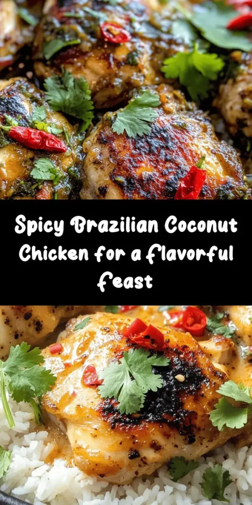 Discover the vibrant flavors of Spicy Brazilian Coconut Chicken! Made with tender chicken thighs marinated in a rich coconut milk blend, infused with garlic, ginger, and a kick of fresh chilies, this dish is a feast for the senses. Perfectly simmered for melt-in-your-mouth goodness, serve it over rice or quinoa for a complete meal. Garnished with fresh cilantro and lime for a burst of freshness, this recipe is a must-try for spice lovers!