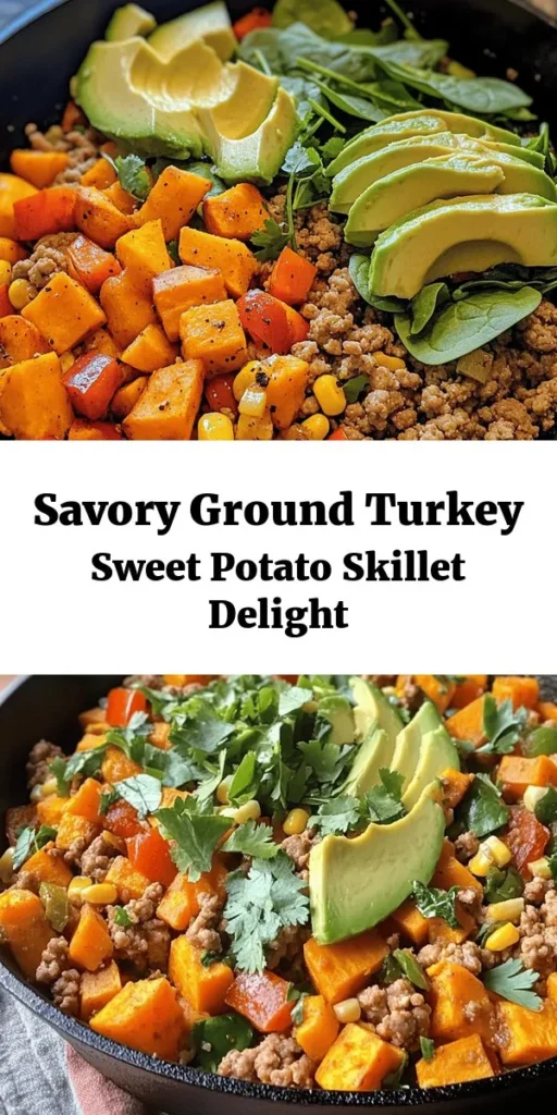 Looking for a quick and nutritious meal? Try this Sweet and Savory Ground Turkey Sweet Potato Skillet! Packed with lean turkey, sweet potatoes, colorful veggies, and spices, this dish is as delicious as it is wholesome. It's ready in just 30 minutes and perfect for busy weeknights. Serve it topped with creamy avocado and fresh cilantro for an extra touch. Enjoy a flavorful one-pan meal that's sure to satisfy!