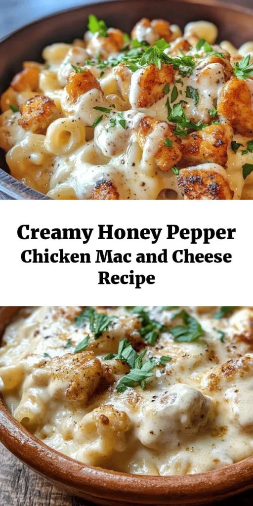 Indulge in the ultimate comfort food with this Creamy Honey Pepper Chicken Mac and Cheese Delight! This dish combines tender chicken, rich cheeses, and a touch of sweetness from honey, making it a perfect weeknight dinner. With easy steps, you'll have a creamy sauce that envelops al dente macaroni in no time. Garnish with fresh parsley for a burst of color and flavor. Try this cozy recipe that serves four and gets dinner on the table in 30 minutes!