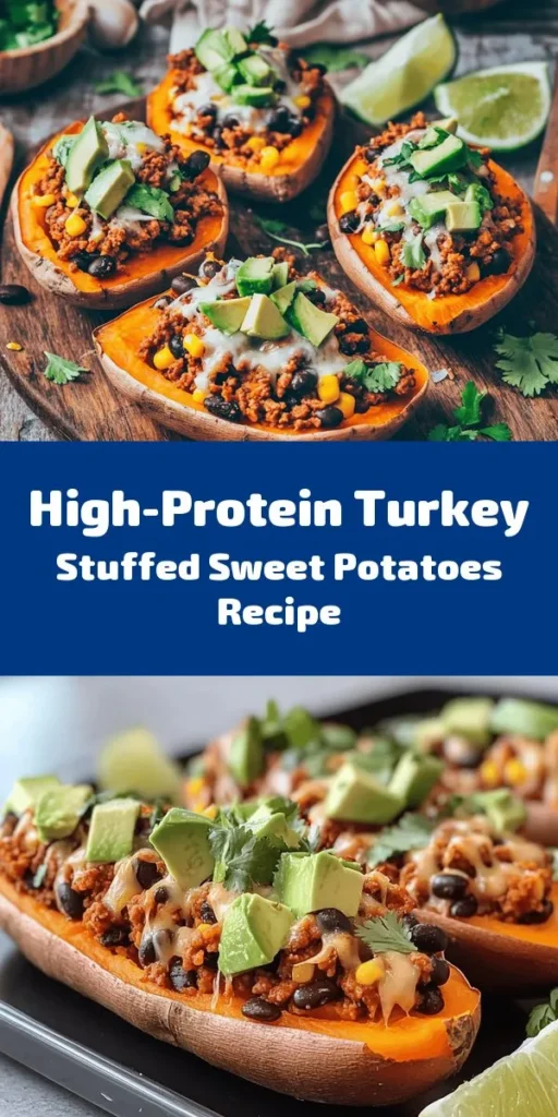 Elevate your dinner game with these High Protein Ground Turkey Stuffed Sweet Potatoes! Packed with nutrition, these hearty bites feature a delicious mix of ground turkey, black beans, corn, and spices, all baked inside tender sweet potatoes. Topped with melty cheese, fresh avocado, and cilantro, they're bursting with flavor. Perfect for meal prep or a satisfying weeknight meal, this recipe serves four and is ready in just over an hour. Enjoy a delicious and healthy meal!