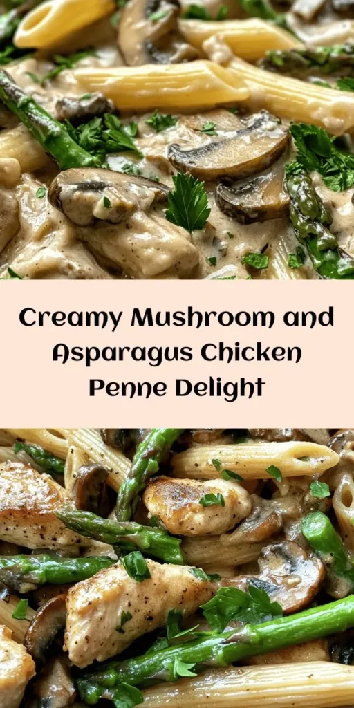 This Creamy Mushroom and Asparagus Chicken Penne is the perfect weeknight dinner that’s both delicious and quick to make! With tender chicken, fresh asparagus, and earthy mushrooms all enveloped in a rich, creamy Parmesan sauce, this dish is sure to impress. It's ready in just 30 minutes and makes four hearty servings. Garnish with fresh parsley for a pop of color and flavor. Ideal for a cozy family meal or entertaining friends!
