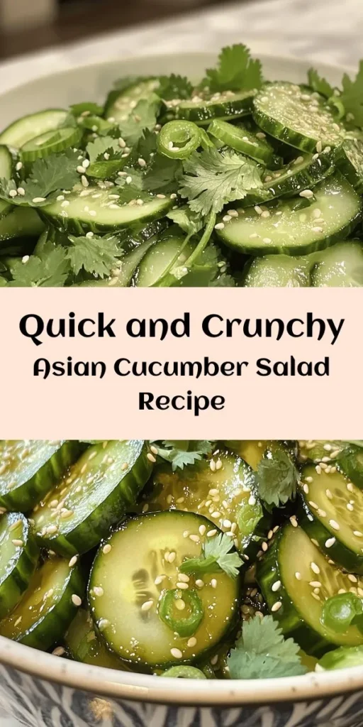 Looking for a quick and refreshing side dish? Try this Easy Asian Cucumber Salad! Made with fresh cucumbers, rice vinegar, and a hint of sesame, this salad combines sweet and tangy flavors for a perfect crunch. Simply slice your cucumbers, toss them with a savory dressing, and add sesame seeds and green onions. It's ready in just 40 minutes and can be served right away or chilled for extra flavor. Perfect for summer gatherings or a light meal!