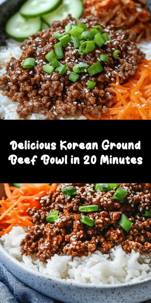 Treat yourself to a delicious and easy Savory Korean Ground Beef Bowl that's perfect for any night of the week! This dish features lean ground beef cooked with a flavorful blend of soy sauce, sesame oil, garlic, and ginger, all served over a bed of fluffy jasmine or brown rice. Toss in vibrant shredded carrots and finish with a sprinkle of sesame seeds and fresh green onions. Optional kimchi and cucumber slices add a delightful crunch. Quick to prepare in just 20 minutes, this meal is sure to satisfy your cravings!