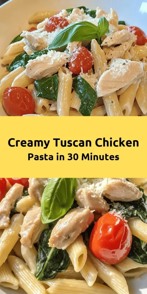 Indulge in a delightful bowl of Easy Tuscan Chicken Pasta! This creamy dish combines penne pasta with tender chicken, fresh spinach, and juicy cherry tomatoes, all brought together by a rich sauce made from heavy cream and chicken broth. Perfect for a weeknight dinner, ready in 40 minutes, and sure to impress. Garnish with fresh basil and extra Parmesan for the ultimate Italian experience. Your family will love it!