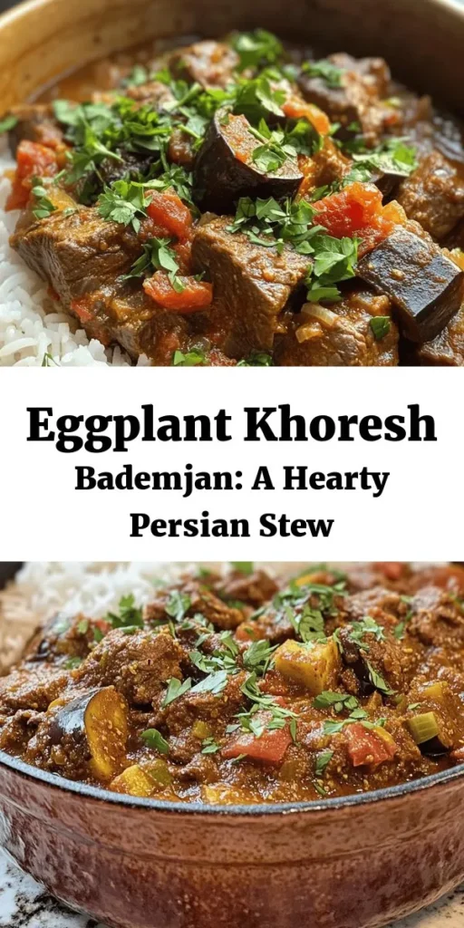 Indulge in the rich flavors of Khoresh Bademjan Delight, a traditional Persian stew featuring tender beef or lamb and sumptuous fried eggplants. This comforting dish is spiced with turmeric, cumin, and cinnamon, simmered to perfection with tomatoes and fresh herbs. Perfect for a cozy family dinner or a special gathering, serve it over basmati rice or with warm flatbread. A vegetarian twist with chickpeas makes it versatile for everyone! Enjoy vibrant, authentic taste today!