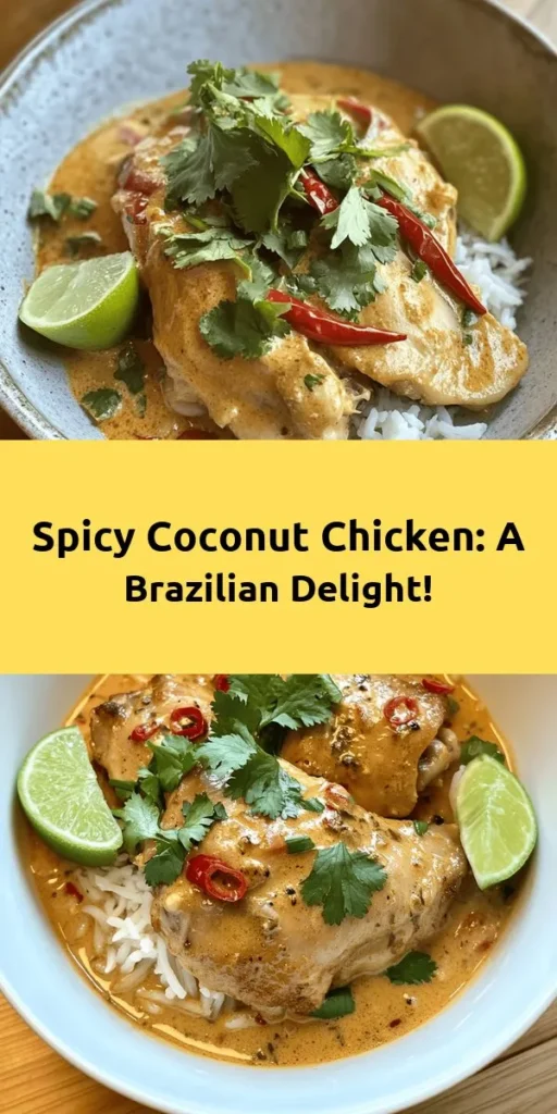 Experience the vibrant flavors of Brazil with this Spicy Brazilian Coconut Chicken! This mouthwatering dish features tender chicken thighs marinated in a rich coconut milk blend with spices and fresh chili for a kick. Sautéed onions and garlic add depth, making every bite irresistible. Serve it hot, garnished with cilantro and lime, alongside rice or quinoa. Perfect for a weeknight dinner or special occasion, it's a tropical taste adventure!