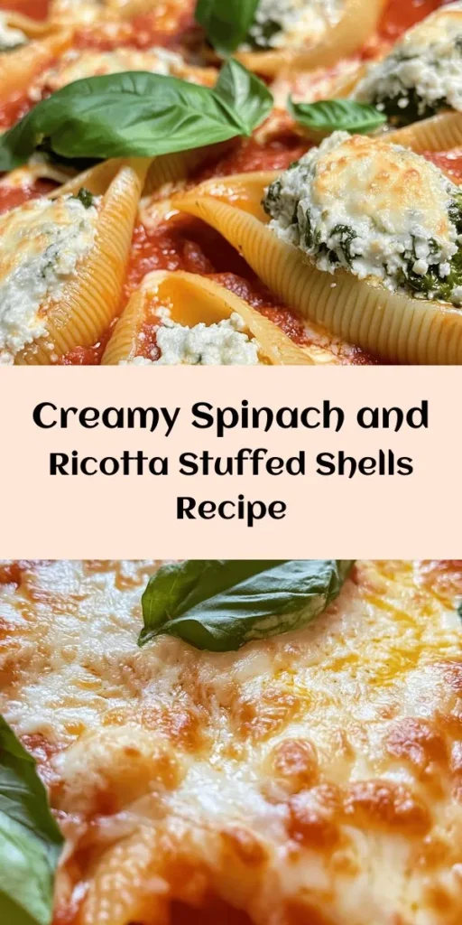 Discover the ultimate comfort food with these Easy Spinach and Ricotta Stuffed Shells! Filled with a creamy blend of ricotta, fresh spinach, and gooey mozzarella, they are baked to perfection under a rich marinara sauce. Perfect for family dinners or a satisfying weeknight meal. With just a few simple ingredients and easy steps, you can create a delicious dish that everyone will love. Garnish with fresh basil for an extra touch!
