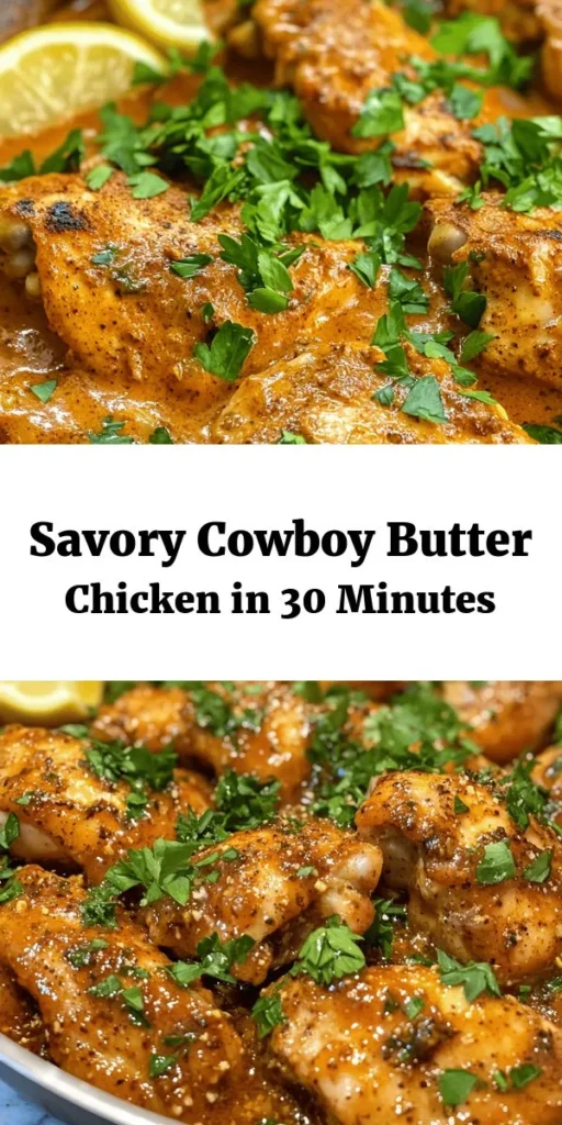 Satisfy your cravings with this Easy Cowboy Butter Chicken! This flavorful dish features juicy chicken thighs coated in a rich and buttery sauce infused with garlic, Worcestershire sauce, and a kick of cayenne pepper. Perfectly cooked in just 30 minutes, it's an ideal weeknight dinner. Serve it with lemon wedges and your favorite sides, like rice or salad. Get ready to impress your family with this delicious recipe that's sure to become a staple!