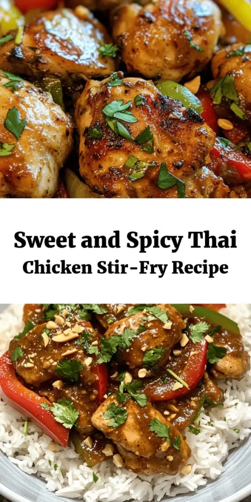 Looking for a delicious dinner idea? Try this Sizzling Sweet and Spicy Thai Chicken! Tender chicken thighs marinated in a sweet and spicy sauce, stir-fried with vibrant bell peppers and onions, make for a flavorful meal. Serve it over fluffy jasmine rice and garnish with fresh cilantro and crushed peanuts for the perfect touch. This dish is quick to prepare and sure to impress your family or guests. Let's bring the taste of Thailand to your kitchen!