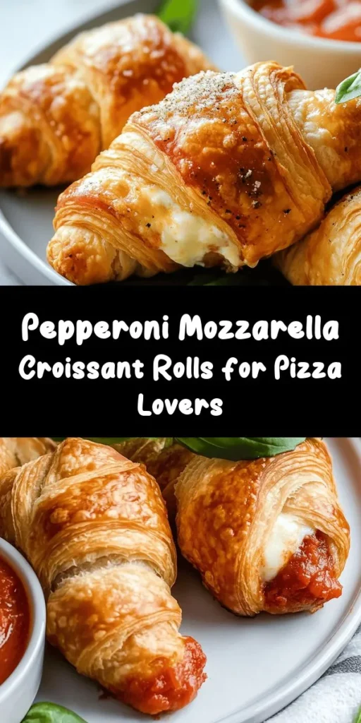 Indulge in these delightful Mozzarella Pepperoni Croissant Rolls that make the perfect snack or appetizer! Made with flaky crescent roll dough stuffed with gooey mozzarella and savory pepperoni, these rolls are a crowd-pleaser. With a sprinkle of Italian seasoning and garlic powder, they're bursting with flavor. Bake them until golden and crispy, and serve with warm marinara sauce for dipping. Quick to prepare and ready in just 30 minutes, they're an effortless treat for any occasion!