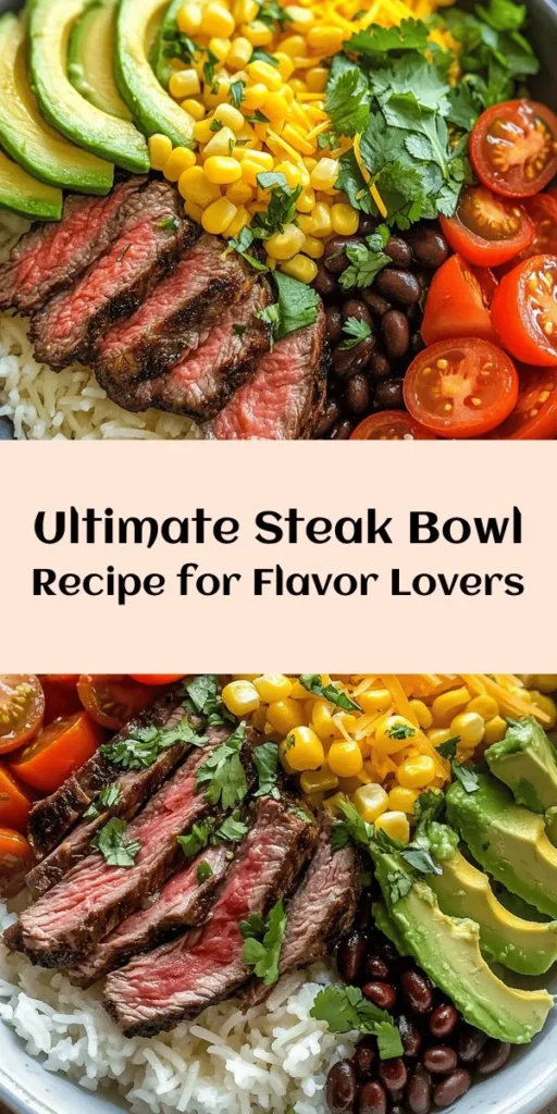 Create the Ultimate Steak Bowl that's perfect for any occasion! This flavorful dish features tender ribeye steak marinated in a zesty mix of olive oil, garlic, and lime juice, served over a bed of fluffy jasmine rice. Top it off with fresh avocado, cherry tomatoes, corn, black beans, and gooey cheese for a burst of deliciousness. Optional toppings like sour cream or salsa add an extra kick. A satisfying meal that's both easy to make and packed with flavor!