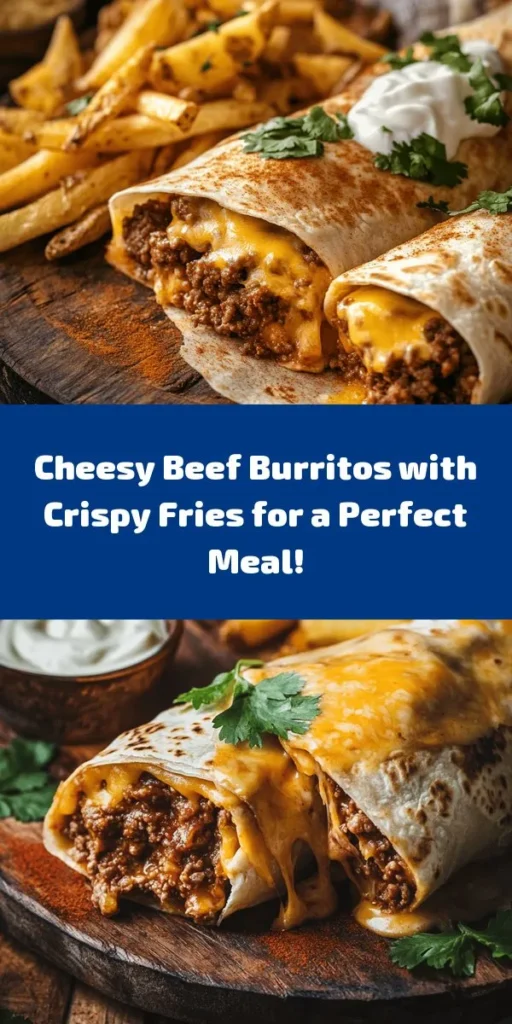 Indulge in these delicious cheesy beef burritos served with crispy fries for a perfect meal! Packed with seasoned ground beef, refried beans, and gooey cheddar cheese, these burritos are sure to satisfy your cravings. The homemade crispy fries add the perfect crunch. It’s easy to make and great for family dinners or casual gatherings. Garnish with fresh cilantro and a bit of sour cream for an extra touch. Try this delightful recipe today!