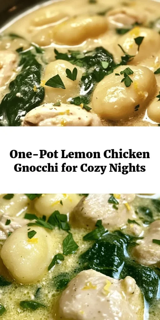 Savor the flavors of this One-Pot Lemon Chicken Gnocchi Delight! In just 30 minutes, you'll create a creamy, lemony dish filled with tender chicken, fluffy gnocchi, and vibrant spinach. Perfect for busy weeknights, this meal comes together effortlessly in one pot. With fresh garlic, zesty lemon, and a sprinkle of Parmesan, it's sure to impress your family and friends. Get ready to enjoy this wholesome and comforting recipe!