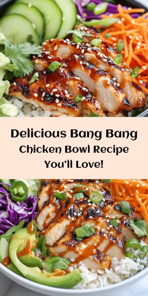 Elevate your weeknight dinner with this delicious Bang Bang Chicken Bowl! Packed with juicy grilled chicken thighs, fluffy jasmine rice, and crisp veggies like cabbage, carrots, cucumber, and avocado, this bowl is a flavorful explosion. Drizzled with a creamy Bang Bang sauce made from mayonnaise, sweet chili sauce, and sriracha, it’s the perfect easy meal. Ready in just 1 hour, it serves up to 4 and is sure to impress! #DinnerIdeas #HealthyEats #Recipe