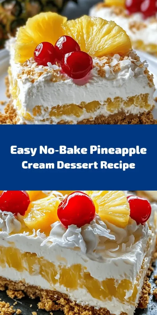 Try this delightful No Bake Pineapple Cream Dessert for a taste of tropical paradise! With just a handful of ingredients like crushed pineapple, cream cheese, and whipped topping, this creamy treat is easy to whip up. Layered with graham cracker crumbs, it's perfect for gatherings and will impress your guests. Refrigerate for a few hours, and garnish with cherries and pineapple slices for a beautiful touch. This refreshing dessert serves 8-10 and is sure to be a hit!