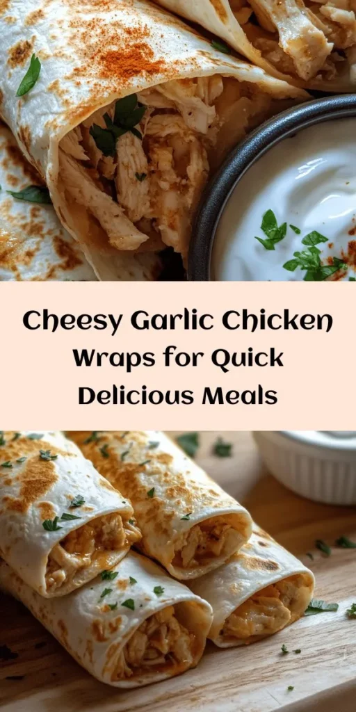 Looking for a quick and delicious meal? Try these Cheesy Garlic Chicken Wraps! Packed with shredded chicken, gooey mozzarella, and creamy cheese, these wraps are bursting with flavor. Easy to make in just 20 minutes, they’re perfect for busy weeknights. Simply mix your ingredients, wrap them up in tortillas, and cook until crispy. Serve with sour cream for dipping and enjoy a satisfying treat that everyone will love! #CheesyWraps #EasyRecipes