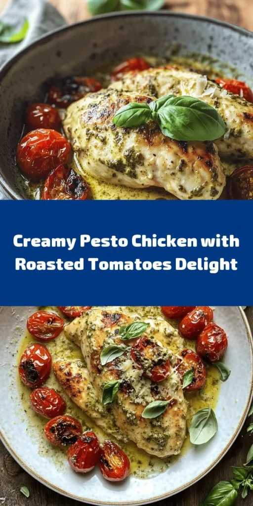 Indulge in this creamy pesto chicken with roasted tomatoes that's perfect for dinner! Tender chicken breasts are seared to golden perfection and simmered in a rich pesto cream sauce, paired with sweet, caramelized cherry tomatoes. Easy to make and bursting with flavor, this dish is a delightful way to impress your family or guests. Ready in just 45 minutes, it's a satisfying meal that showcases fresh ingredients. Don't forget the garnish of basil and Parmesan for that extra touch!