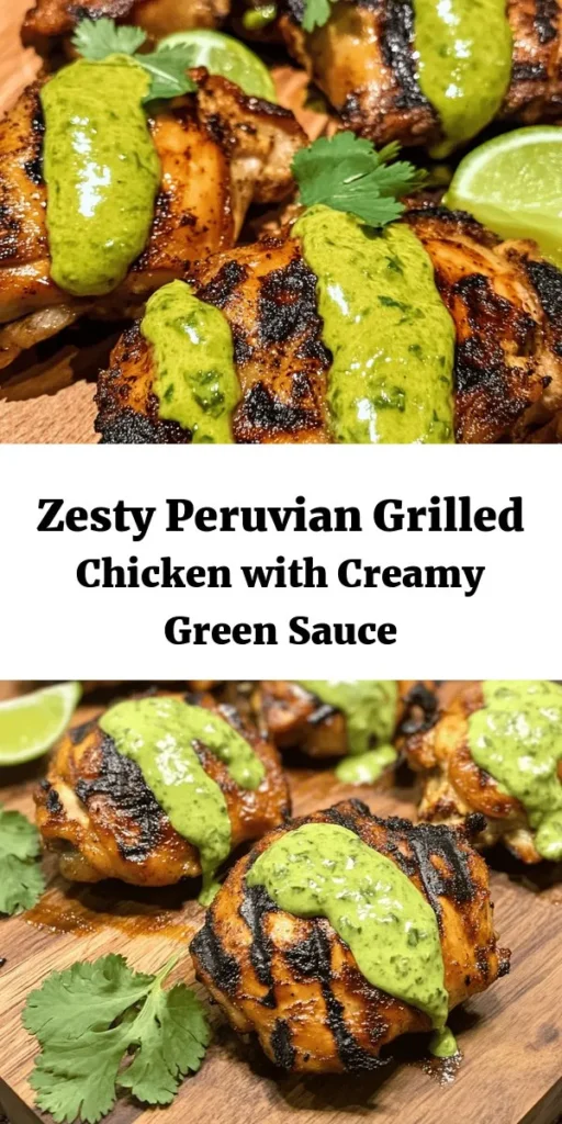 Elevate your dinner with this delicious Peruvian Grilled Chicken featuring juicy, marinated thighs and a tangy creamy green sauce. This dish bursts with flavors from lime, garlic, and spices, making it a perfect treat for any gathering. The smooth sauce, made with fresh cilantro and jalapeños, adds a delightful kick. Serve it with rice, potatoes, or a fresh salad for a complete meal. Easy to prepare and packed with taste! You'll want to make this again and again.