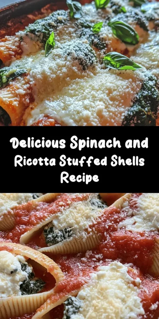 Discover the deliciousness of Easy Spinach and Ricotta Stuffed Shells! This vegetarian dish features jumbo pasta shells generously filled with a creamy mixture of fresh spinach, ricotta, mozzarella, and Parmesan cheeses. Topped with marinara sauce and bubbly cheese, it's a comforting meal perfect for any night. Ready in under an hour, it's a fantastic way to enjoy a healthy and satisfying dinner that the whole family will love. Don’t forget to garnish with fresh basil for an extra touch!