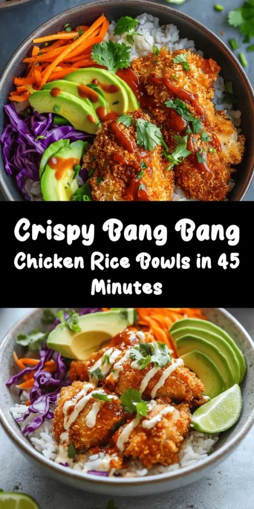 Get ready to dive into these delicious Bang Bang Chicken Bowls! This easy recipe features crispy, breaded chicken thighs, perfectly seasoned and fried to golden perfection. Served over a bed of fluffy jasmine rice, topped with fresh veggies like carrots and red cabbage, and drizzled with a creamy, spicy Bang Bang sauce, this dish is a flavor-packed meal everyone will love. Perfect for any night of the week, it's sure to become a family favorite!