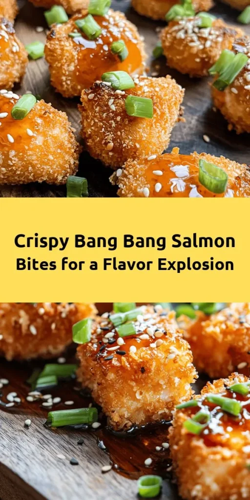 Craving a delicious seafood treat? Try these Crispy Bang Bang Salmon Bites! Made with fresh salmon fillets, panko breadcrumbs, and a spicy-sweet Bang Bang sauce, they're perfect for a quick appetizer or snack. With just a few simple ingredients and 30 minutes, you can have golden, crispy bites that are packed with flavor. Serve them up with a drizzle of sauce and enjoy a taste sensation that’s sure to impress!