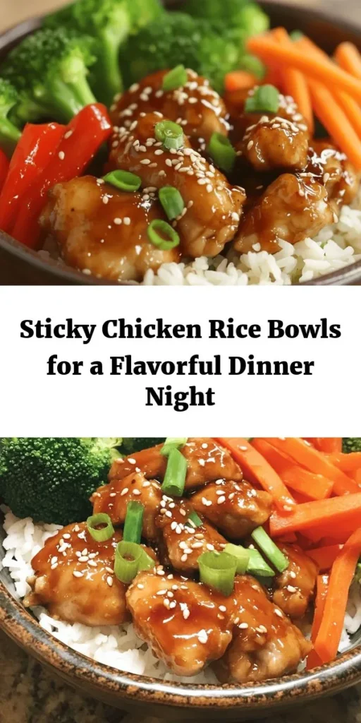 Discover a delicious and easy recipe for Sticky Chicken Rice Bowls that will become a family favorite. Juicy marinated chicken thighs are cooked in a sweet and savory glaze, served over fluffy jasmine rice with vibrant steamed veggies. This meal is not only satisfying but also visually appealing. Perfect for a weeknight dinner or meal prep, each bowl is topped with sesame seeds and green onions for that extra touch. Quick to make and packed with flavor, it's a dish you won't want to miss!