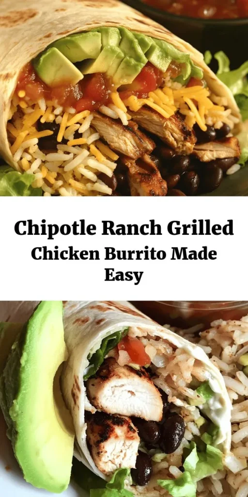 Enjoy a flavor-packed meal with this Easy Chipotle Ranch Grilled Chicken Burrito! Perfect for a quick weeknight dinner, this recipe features marinated grilled chicken, brown rice, black beans, and fresh veggies all wrapped in a soft tortilla. With just a few simple ingredients and easy steps, you can create a delicious burrito that’s sure to impress. Serve with salsa for the ultimate tasty treat. Quick, satisfying, and oh-so-delicious!