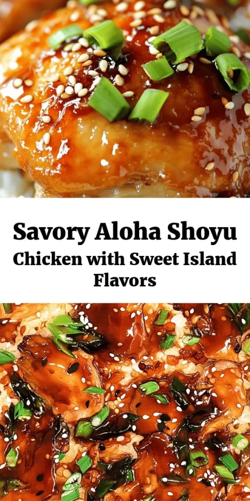 Indulge in the delicious Aloha Shoyu Chicken Delight, a perfect blend of sweet and savory! This easy recipe features succulent chicken thighs marinated in a rich soy sauce, brown sugar, and ginger mixture, then baked to perfection. The skin gets crispy while the meat stays juicy—perfectly paired with fluffy white rice. Garnish with fresh green onions and sesame seeds for a beautiful touch. Ideal for family dinners or meal prep, this dish is sure to impress!