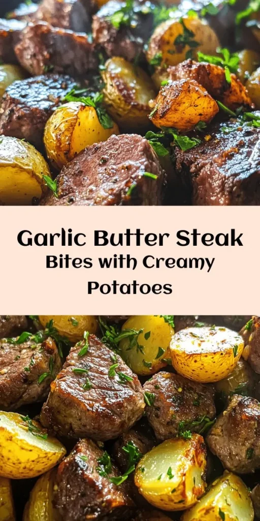 Indulge in this mouthwatering Garlic Butter Steak Bites and Potatoes recipe! Perfect for a quick weeknight dinner, this dish features juicy sirloin steak seared to perfection and tender baby potatoes tossed in a rich garlic butter sauce. Fresh herbs like rosemary and thyme elevate the flavors. Ready in just 30 minutes, it's a delicious meal that will impress your family and friends. Enjoy it hot and garnish with fresh parsley for a pop of color!