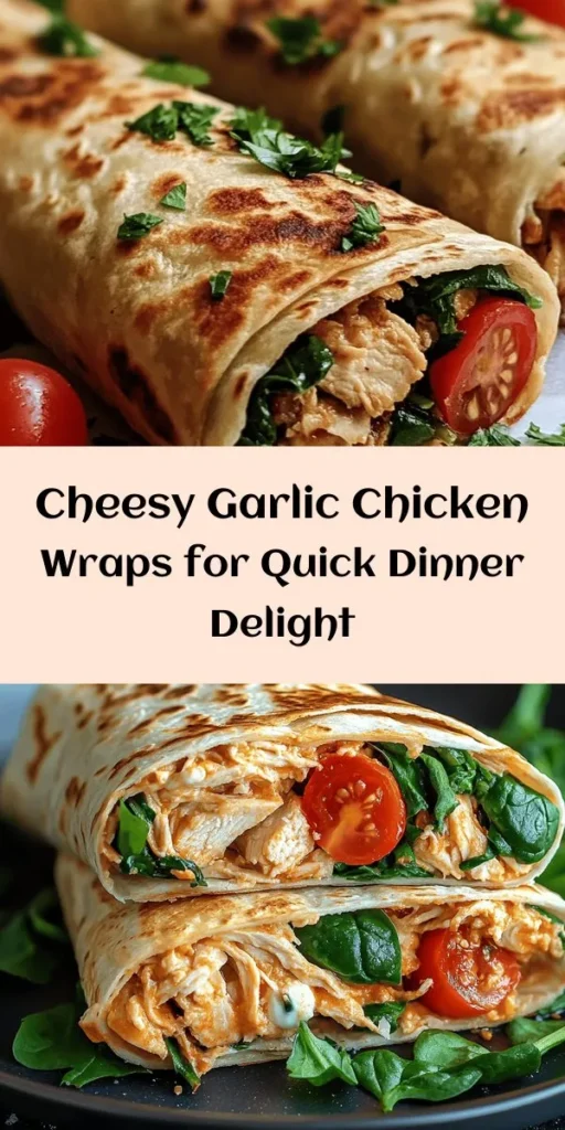 Savor the deliciousness of Cheesy Garlic Chicken Wraps! This easy recipe combines shredded chicken, creamy mozzarella, and savory garlic, all wrapped up with fresh spinach and cherry tomatoes. Perfect for a quick meal, these wraps can be toasted for that extra crispy bite. Ready in just 30 minutes, they're ideal for lunch or dinner. Serve warm and garnish with fresh parsley for a delightful touch. Try them today for a tasty treat!