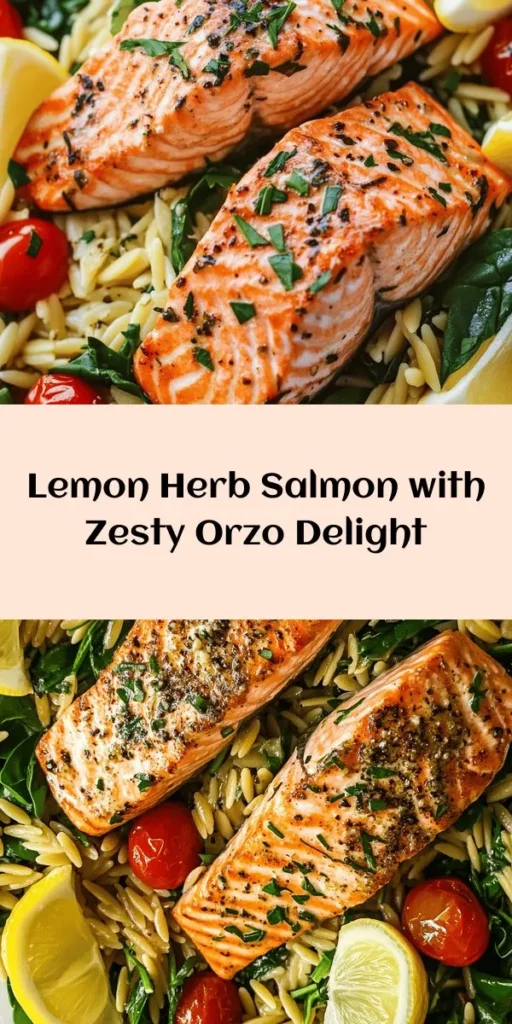 Enjoy a fresh and vibrant meal with this Lemon Herb Salmon & Zesty Orzo recipe! Featuring perfectly cooked salmon fillets seasoned with oregano and basil, this dish is paired with creamy orzo pasta, infused with garlic, onion, and zesty lemon. Toss in cherry tomatoes and fresh spinach for a burst of flavor. Quick to prepare in just 25 minutes, it's a delicious dinner option for the whole family. Perfectly garnished with parsley for a beautiful presentation!