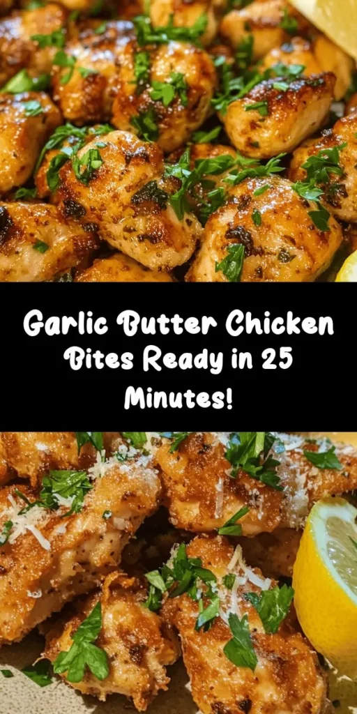 Discover the flavor-packed delight of Garlic Butter Chicken Bites! This simple recipe features tender chicken pieces cooked to golden perfection in a luscious garlic butter sauce, enhanced with fresh parsley and a splash of lemon. Perfect as an appetizer or main dish, these bites are quick to whip up and sure to impress. Serve with a sprinkle of Parmesan and crispy lemon wedges for a meal that’s both elegant and easy. Enjoy in just 25 minutes!