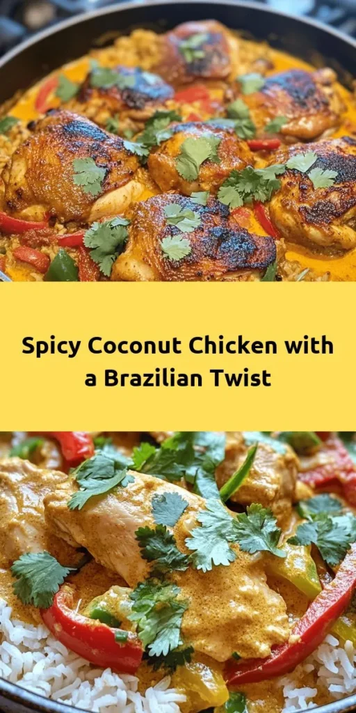 Discover the vibrant flavors of Spicy Brazilian Coconut Chicken! This delicious recipe combines tender chicken thighs, creamy coconut milk, and fragrant spices for a meal that packs a punch. Marinate the chicken for ultimate flavor, sauté aromatic onions and garlic, then let everything simmer together with colorful bell peppers. Serve over rice for a complete dish that's sure to impress your family and friends. Perfect for weeknight dinners or special occasions!