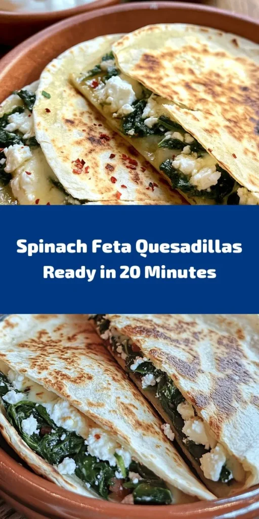 Discover the perfect blend of flavors with these Spinach and Feta Quesadillas! Packed with fresh spinach, creamy feta, and gooey mozzarella, they're a delicious twist on a classic favorite. This quick recipe takes just 20 minutes, making it ideal for a weeknight dinner or a tasty snack. Serve them warm with sour cream and salsa for a delightful treat everyone will love. Easy to make and full of flavor, these quesadillas are a must-try!
