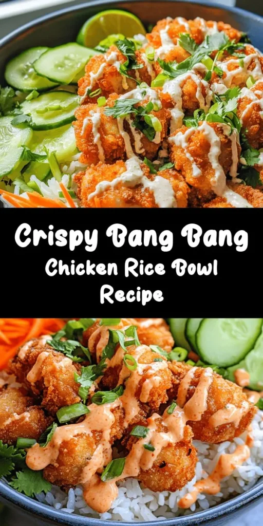Dive into the flavorful world of Bang Bang Chicken Bowls! This quick and easy recipe features crispy chicken coated in a spicy and creamy sauce, served over a bed of fluffy jasmine rice. With fresh veggies like cucumber and shredded carrots, each bite is a burst of flavor and texture. Perfect for weeknight dinners or meal prep, this dish will impress your family and friends. Don't forget the lime wedges for an extra zing! Enjoy cooking!