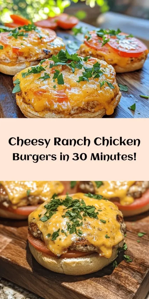 Make mealtime exciting with these Easy Cheddar Ranch Chicken Burgers! Packed with flavor from sharp cheddar and zesty ranch dressing, these juicy chicken patties are a delicious twist on the classic burger. Perfectly seasoned with garlic, onion powder, and paprika, they're quick to prepare and cook in just 30 minutes. Serve them hot on toasted buns with your favorite toppings like lettuce and tomato for a satisfying meal. Your family will love this tasty and easy recipe!