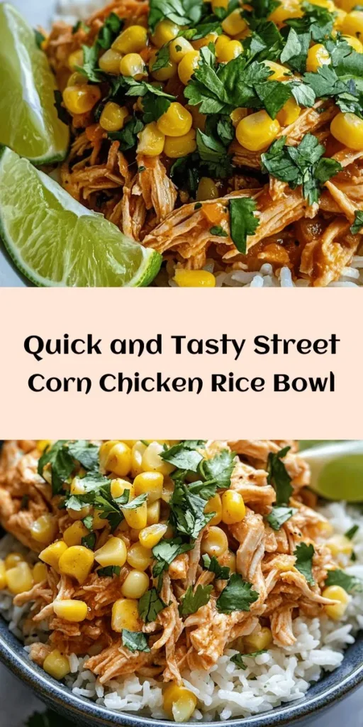 Looking for a quick and delicious meal? Try this Easy Street Corn Chicken Rice Bowl! Packed with flavor from shredded chicken, sweet corn, and smokey paprika, this dish comes together in just 15 minutes. Perfect for a busy weeknight, it's simple to customize with your favorite toppings. Serve over fluffy rice and garnish with fresh cilantro and a squeeze of lime for extra zing. Enjoy a satisfying meal in no time!