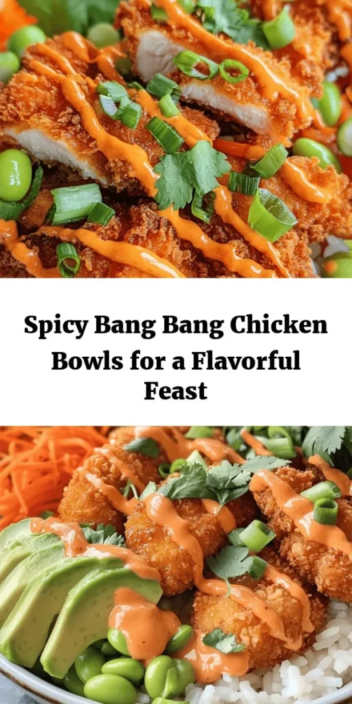 Spice up your dinner with these delicious Spicy Bang Bang Chicken Bowls! Crispy, breaded chicken thighs are perfectly complemented by a zesty Bang Bang sauce, served over a fluffy bed of jasmine rice. Top with fresh veggies like shredded carrots, cucumbers, and creamy avocado for a satisfying meal. This recipe is easy to follow and packed with flavor, making it a hit for family dinners or meal prep. Perfect for those who love a little heat!