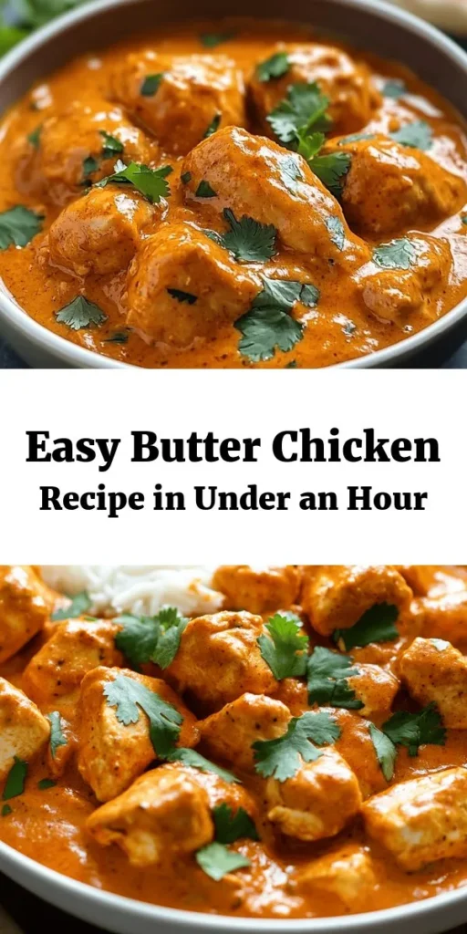 This quick and easy homemade butter chicken recipe is a flavorful dish that's perfect for weeknight dinners! With tender chicken marinated in yogurt and spices, smothered in a creamy tomato sauce, it's both satisfying and simple to make. In just under an hour, you can enjoy this delicious meal, garnished with fresh cilantro and served with naan or rice. Perfect for spice lovers and comfort food enthusiasts alike! Discover this delightful recipe now.