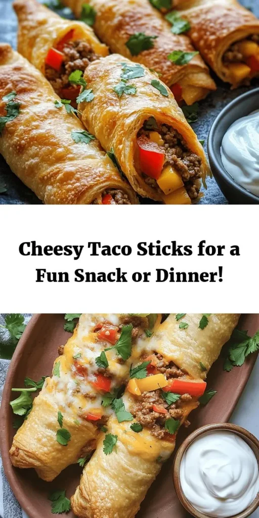 These Cheesy Taco Sticks are the perfect fusion of flavors for your next gathering or snack time! Made with ground beef or turkey, spicy veggies, and gooey cheddar and mozzarella cheeses, all wrapped in flaky crescent roll dough, they’re a crowd-pleaser. Serve them with sour cream and fresh cilantro for an extra kick. Easy to make in just 30 minutes, this recipe yields 12 delicious sticks. Get ready to indulge in a cheesy delight!