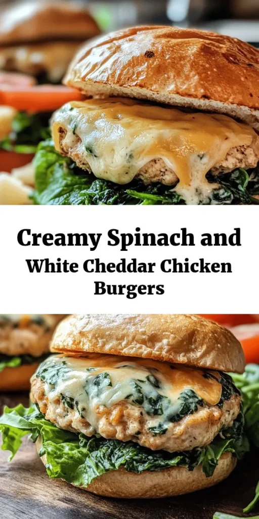 Discover a delicious twist on your burger night with these Creamy White Cheddar and Spinach Chicken Burgers! Made with ground chicken, fresh spinach, and melty white cheddar, these juicy patties are packed with flavor and nutrients. They’re easy to make, requiring just a few simple steps: mix, shape, grill, and assemble. Perfectly paired with whole wheat buns and your favorite toppings, they’re a healthier alternative to traditional burgers. Enjoy with sweet potato fries or a fresh salad!