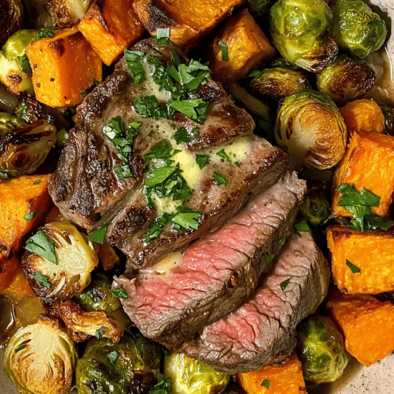 Garlic Butter Steak with Brussels Sprouts and Sweet Potatoes is a dish that not only tantalizes the taste buds but also nourishes the body. Combining the rich, savory flavors of perfectly cooked steak with the earthy sweetness of roasted Brussels sprouts and sweet potatoes, this recipe offers a delightful gastronomic experience that is both satisfying and nutritious. Whether you're planning a weeknight dinner or a special occasion, this meal is sure to impress.