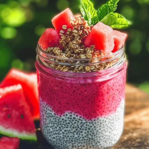 Watermelon, known for its hydrating properties and sweet flavor, is a summertime favorite, but its benefits extend beyond mere refreshment. Packed with vitamins A and C, as well as antioxidants, watermelon is not only delicious but also promotes skin health and supports the immune system. Chia seeds, on the other hand, have gained popularity as a superfood in recent years due to their numerous health benefits. These tiny seeds are loaded with fiber, omega-3 fatty acids, and protein, making them an excellent addition to any breakfast. When combined, watermelon and chia seeds create a unique flavor profile that is both refreshing and satisfying, making the Watermelon Chia Pudding Breakfast Jar a perfect start to any day.