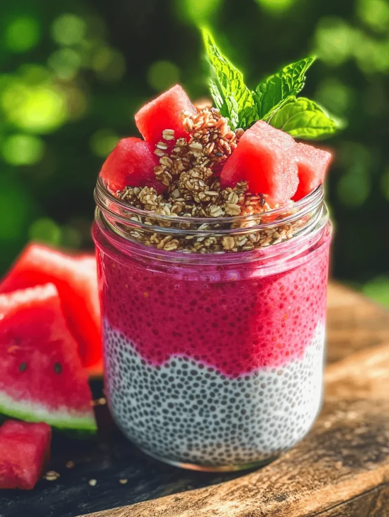 Watermelon, known for its hydrating properties and sweet flavor, is a summertime favorite, but its benefits extend beyond mere refreshment. Packed with vitamins A and C, as well as antioxidants, watermelon is not only delicious but also promotes skin health and supports the immune system. Chia seeds, on the other hand, have gained popularity as a superfood in recent years due to their numerous health benefits. These tiny seeds are loaded with fiber, omega-3 fatty acids, and protein, making them an excellent addition to any breakfast. When combined, watermelon and chia seeds create a unique flavor profile that is both refreshing and satisfying, making the Watermelon Chia Pudding Breakfast Jar a perfect start to any day.