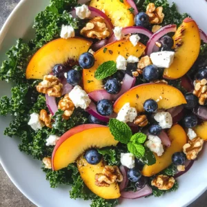 What makes the Summer Peach and Blueberry Kale Salad so irresistible? It’s the perfect balance of flavors and textures. The sweetness of ripe peaches and blueberries pairs harmoniously with the slightly bitter, crisp kale. Drizzled with a light vinaigrette, this salad is refreshing and satisfying, making it a go-to recipe when the temperature rises. Plus, it’s incredibly easy to prepare, allowing you to spend less time in the kitchen and more time enjoying the summer sun.