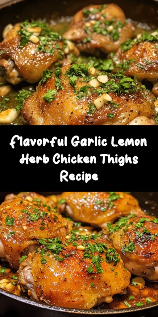 Discover the mouthwatering flavors of Garlic Lemon Herb Chicken Thighs! This simple recipe features tender, juicy chicken marinated in a zesty mixture of olive oil, garlic, fresh herbs, and lemon juice, then baked to perfection. It's an ideal weeknight dinner or a special occasion dish. Serve it alongside roasted veggies or a fresh salad for a complete meal. Easy to prepare and packed with flavor, this recipe will become a family favorite!